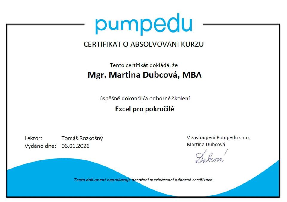 Certifikát o absolvování školení u Pumpedu 